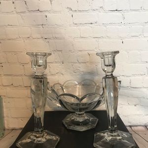 Heisey glass candlesticks with matching bowl
